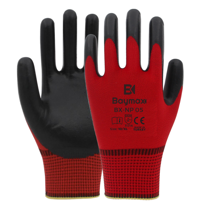 BAYMAX BX-NPK-05 POLYESTER ÖRME NITRIL ELDIVEN KIRMIZI-SIYAH NO:10